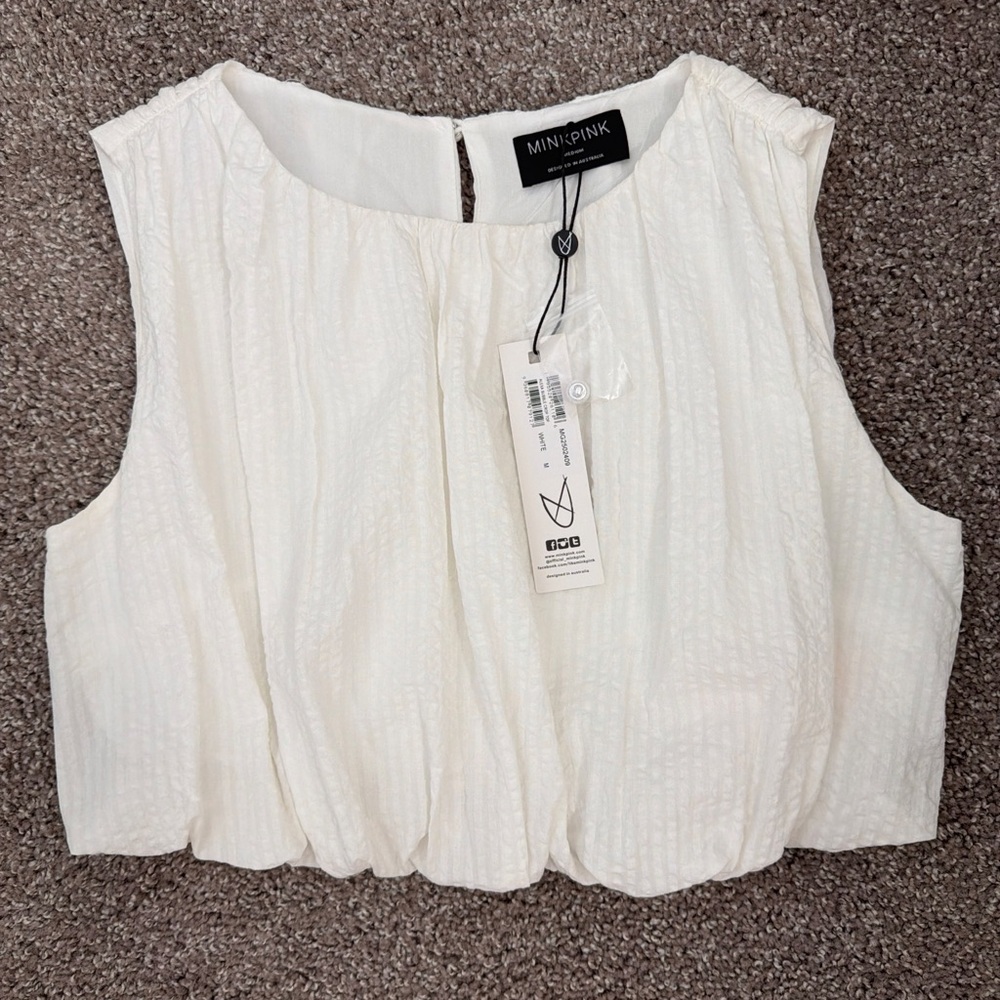 MINKPINK Cream Sleeveless Textured Cropped Blouse